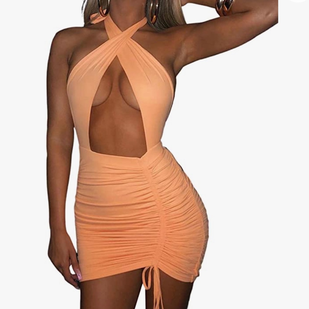 Faded orange crisscross halter top bodycon dress